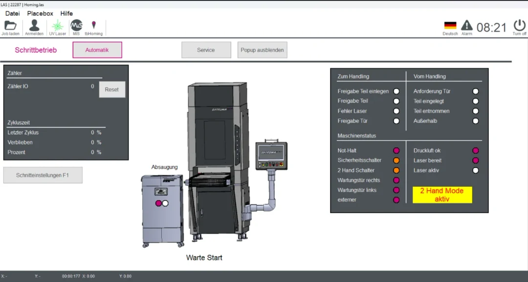 Softwareansicht mit Parametern und Steuerung