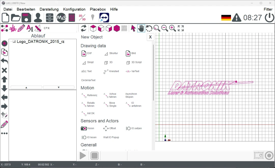 Systemoberfläche mit Ablauf und Parametern